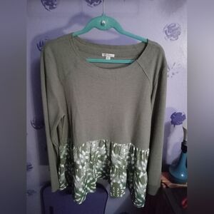 Versona Olive Green Long Sleeve Blouse With Patterned Hem